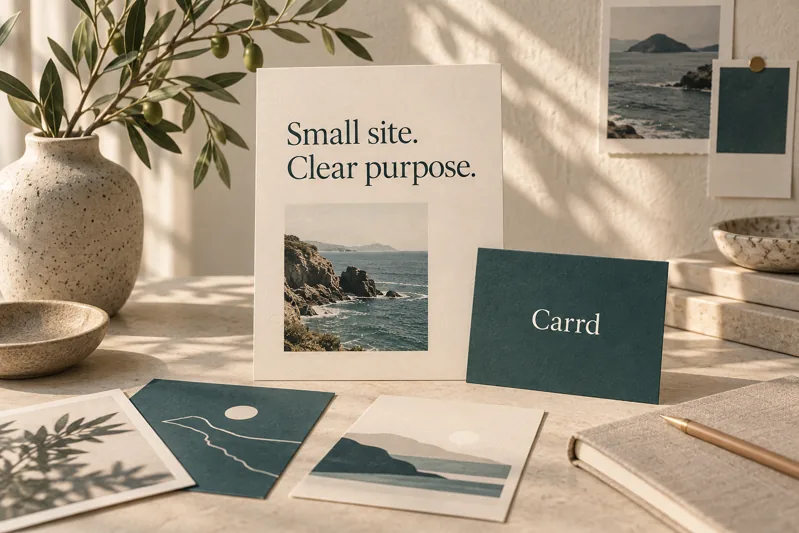 Paper website cards and a Carrd name card on a warm desk